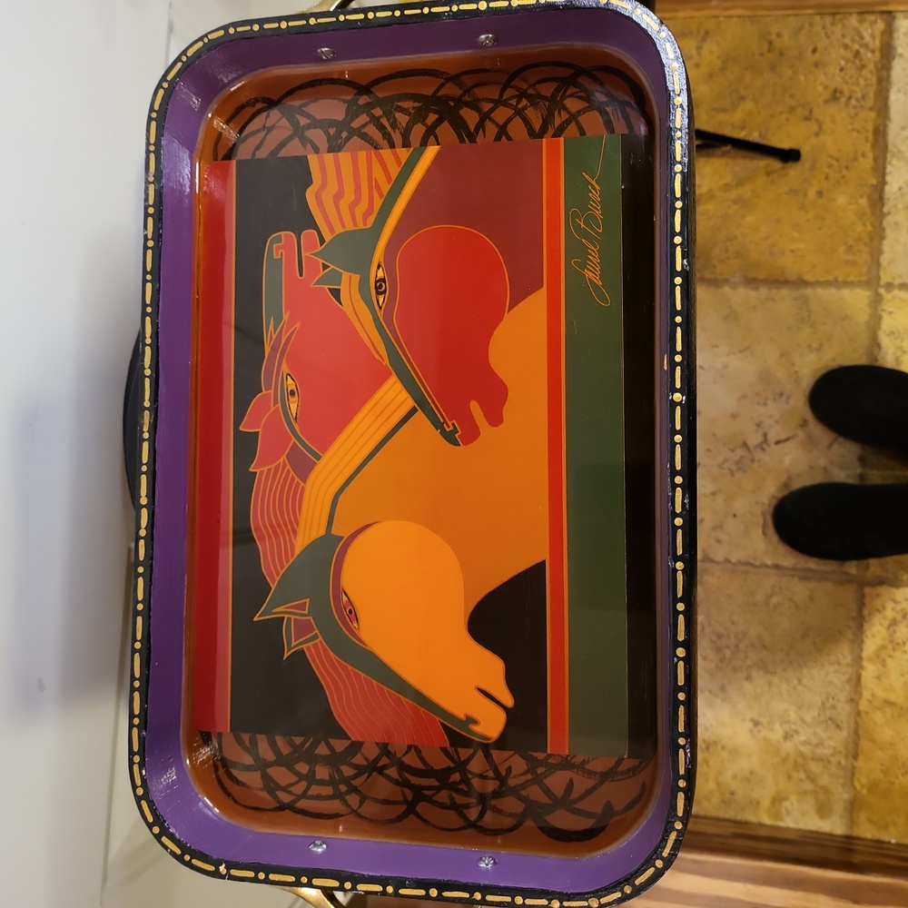 Rare Vintage Laurel Burch Three Horse Wood Hand Painted Serving Tray